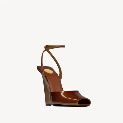 Ankle Strap Patent Leather Peep Toe Summer Women Sandals Wedges High Heel Buckle Strap Design Large Size Fashion Show Shoes
