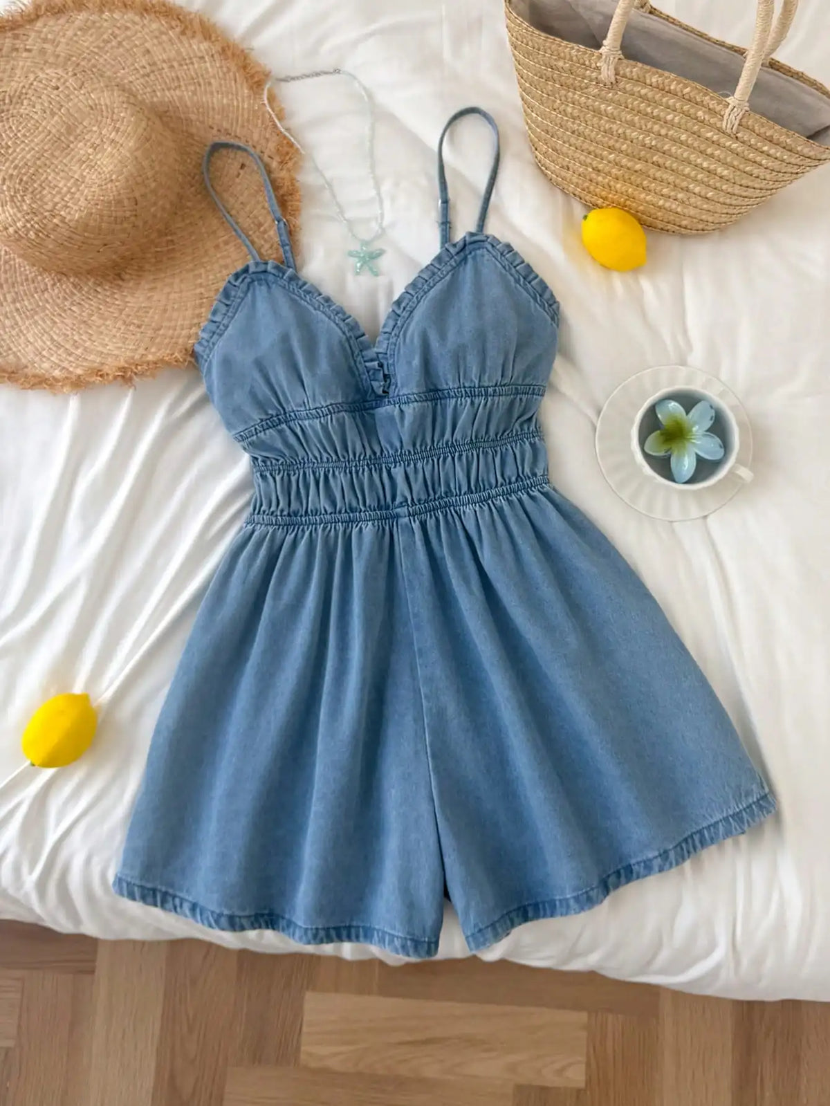 Plus Size Ruffle V-Neck Denim Jumpsuit, Elastic Waist Thin Shoulder Straps Short Jumpsuit, Comfortable and Stylish for Women