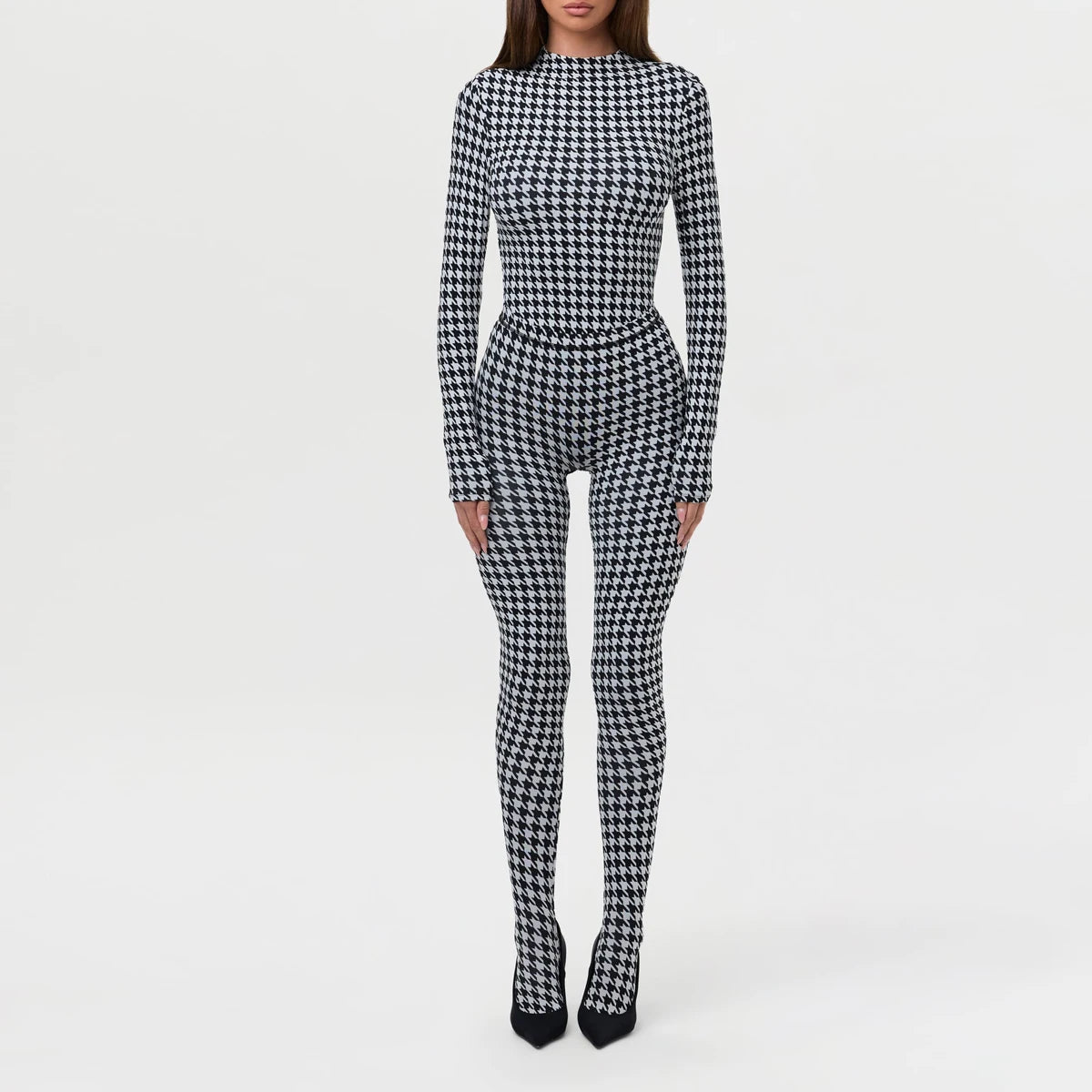 Women's fashionable printed high neck long sleeved sexy high waist slim fit jumpsuit