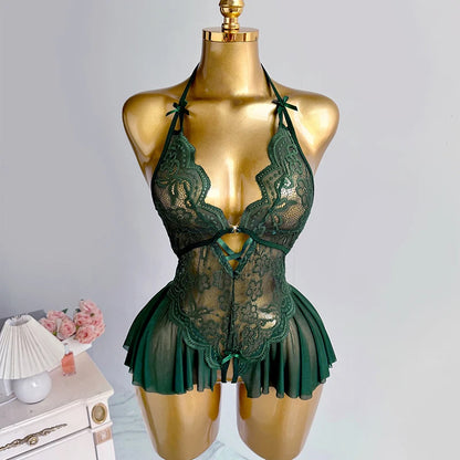 Sexy Crotchless Lingerie Women Lace Hollow Bodysuit Pajamas Teddy Babydolls Deep V Underwear