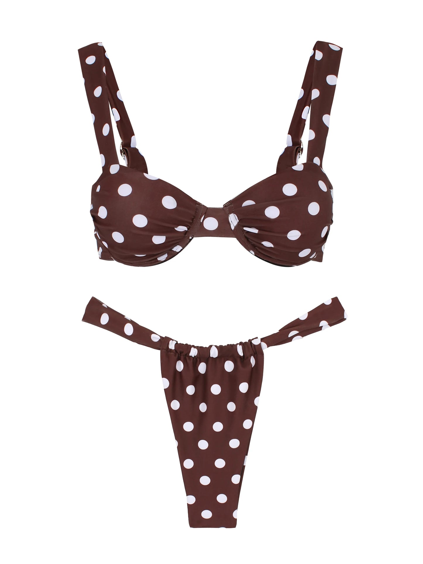 Retro Brown Dot Bikini Sexy Off Shoulder Swimwear Women High Cut Thong Biquini Set Luxury Summer Vacation Beach Bathing SuitK337