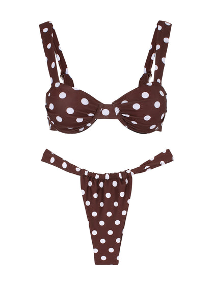 Retro Brown Dot Bikini Sexy Off Shoulder Swimwear Women High Cut Thong Biquini Set Luxury Summer Vacation Beach Bathing SuitK337