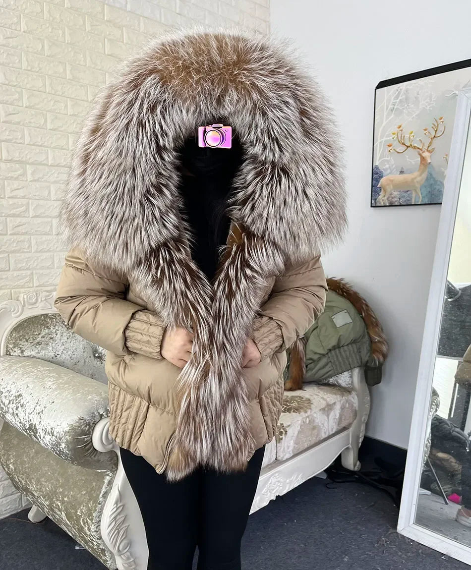 MMK 2023 Winter Women Warm White Duck Down Jacket Natural Real Fox Fur Collar Hood Puffer Coat Thick Luxury Outerwear