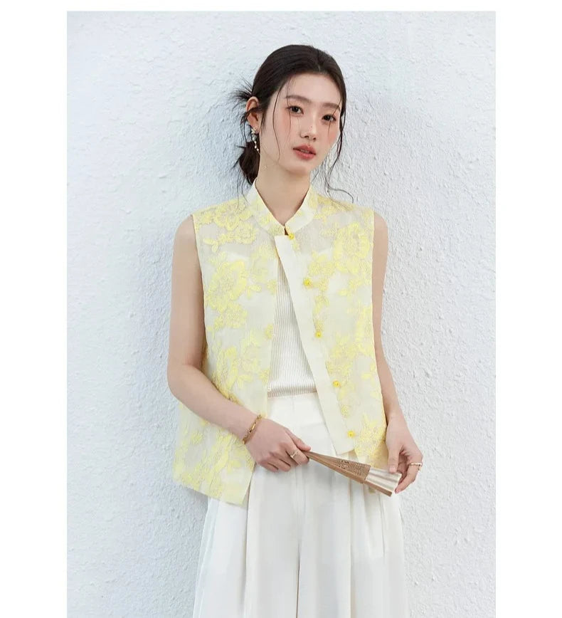 VIMLY Women's Vest 2026 Summer Casual Yellow Floral Embroidery Stand Collar New Chinese Style Sleeveless Jacket Ladies A5251