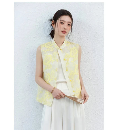 VIMLY Women's Vest 2026 Summer Casual Yellow Floral Embroidery Stand Collar New Chinese Style Sleeveless Jacket Ladies A5251