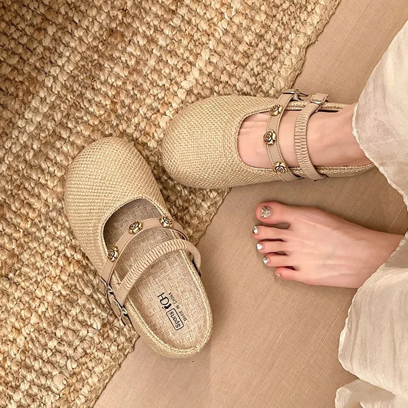 Women's Woven Mary Jane Mules Flat Round Toe Slip-On Shoes with Buckle Straps and Rose Hardware Casual Balletcore Summer Sandals