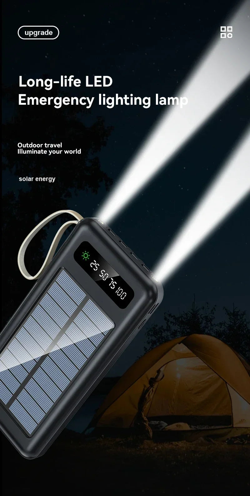VIVO 200000mAh Solar Power Bank Large Capacity Mobile Power Fast Charging Battery Dual USB 4 Cables For iPhone Samsung Huawei