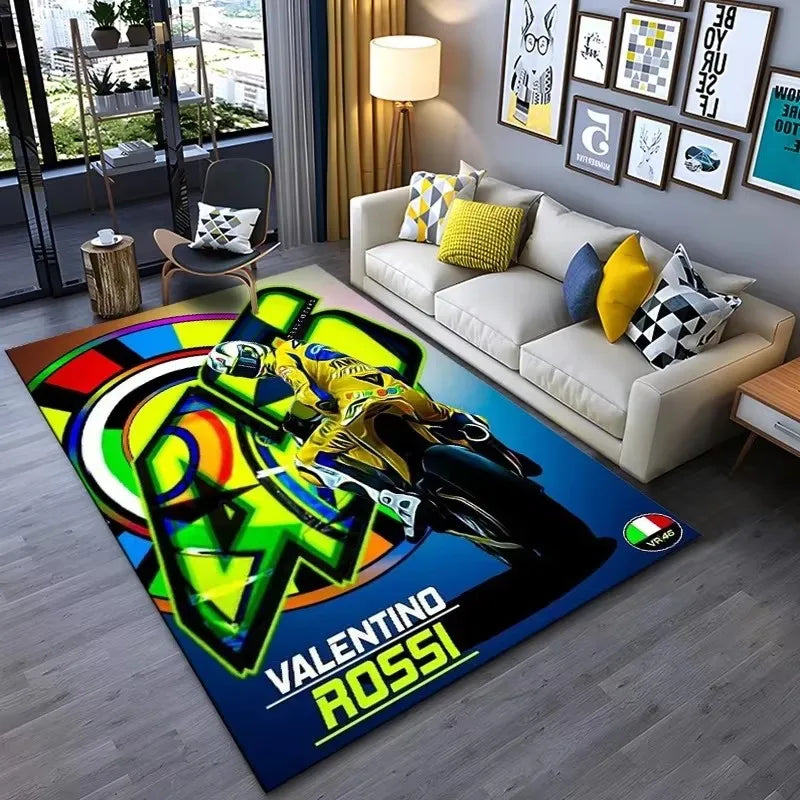 Motorcycle Racer The Doctor Carpet Mat Black Yellow Racing Track Living Room Rug with Number 46 Dynamic Design Home Decoration