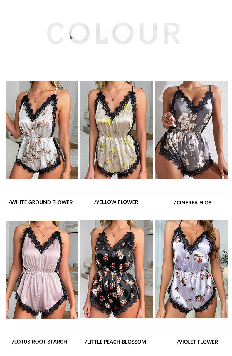 Sexy Adult Womens Clothing Temptation Camisole Shorts Pajamas One-Piece Ice Silk Nightdress Solid Color Print V-Neck Loungewear