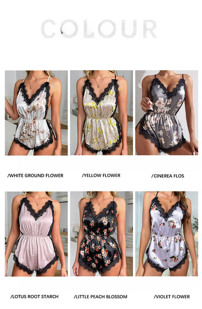 Sexy Adult Womens Clothing Temptation Camisole Shorts Pajamas One-Piece Ice Silk Nightdress Solid Color Print V-Neck Loungewear