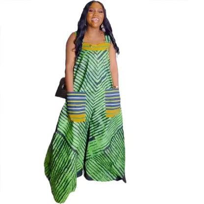 Jumpsuits Women Sling One Piece Print Striped Sleeveless Overalls Wide Leg Long Pants Loose Casual Rompers Elegant Splice