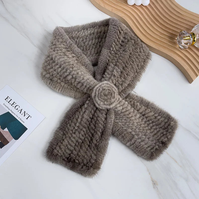 Real Fur Warm Scarf for Women Cross Style One Flower Knitted Design New Fashion Mink Fur Neck Warmer Winter Accessories Scarves