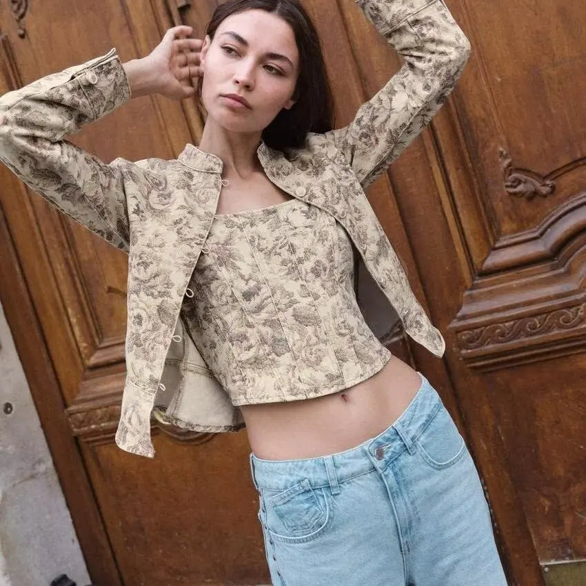 Early Autumn New Arrival Women's Fashion Floral Print Top Short Jacket ZR Style 9942158 Ladies' Premium Set Work Uniform