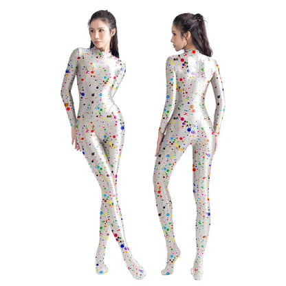 AMORESY Sexy Shiny Long Sleeve Full Length Oil Tights Smooth Leotard Running Overall Yoga Zentai Casual Sport Jumpsuits Catsuits