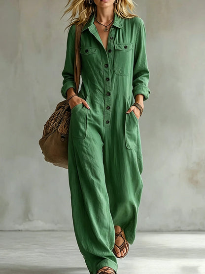 Retro Lapel Buttoned Pocket Solid Loose Commuting Pocket Jumpsuit Women Autumn New Vacation All-match Jumpsuits Women's Clothing
