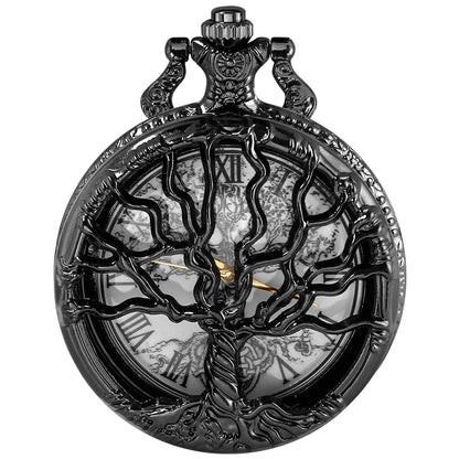 Tree of Life Pattern Sketch Ink Painting Dial Pocket Watch All Black Vintage Necklace Chain Quartz fob Clock reloj