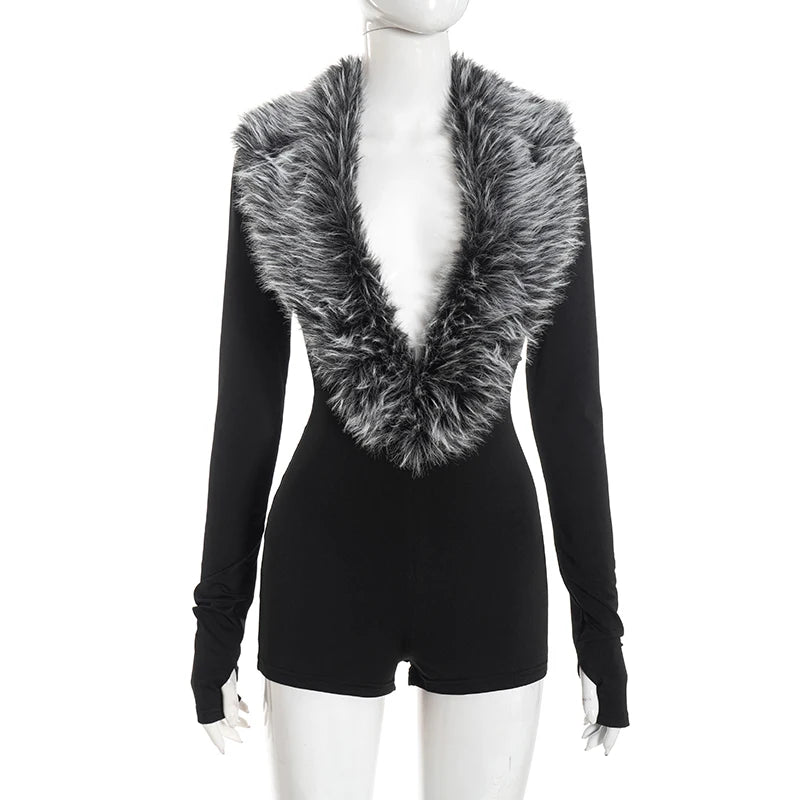 Weird Puss Luxury Fur Deep V Collar Romper Women Full Sleeve Sexy Skinny Fitness Activity Streetwear Hipster Workout Playsuit