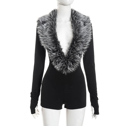 Weird Puss Luxury Fur Deep V Collar Romper Women Full Sleeve Sexy Skinny Fitness Activity Streetwear Hipster Workout Playsuit