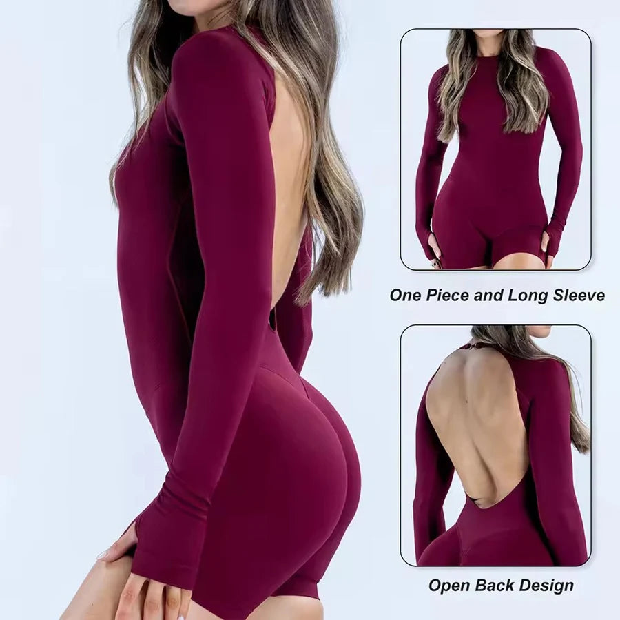 Seamless Long Sleeve One Piece Gym Clothes Women Padded Yoga Bodysuit Open Back Fitness Workout Jumpsuit Scrunch Butt Sportswear
