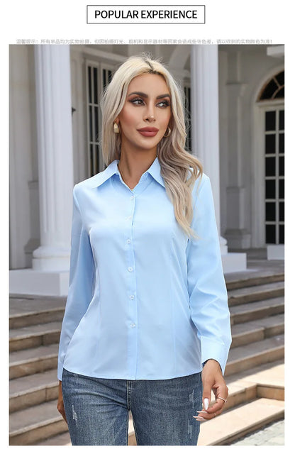 Women Elegant Solid Button Shirt Chiffon Blouse Spring Summer Casual Solid Long Sleeve Turn Down Collar Tunics OL Shirt Tops
