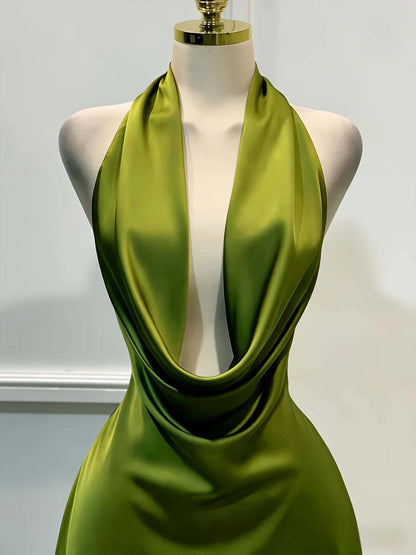 Women Elegant Solid Satin Dress, Back Zipper Open Back Fitted Midi Dress, Casual Vacation Party Banquet Cocktail Gown
