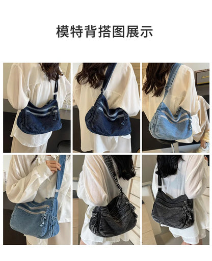 Vintage Denim Women's Shoulder Bag Large Capacity Messenger Bag Multi-pockets Satchel Bags Adjustable Strap Ladies Crossbody Bag