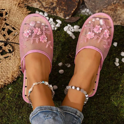 Mesh Breathable Embroider Sequin Flower Mules Shoes Summer Closed Toe Soft Bottom Sandals Female Chinese Style Bamboo Sandals