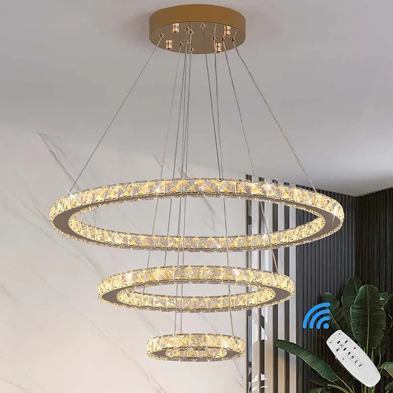 Modern LED Luxury Crystal Chandelier Villa Staircase Living Room Dimming Circular Gold Chandelier Home Lighting Indoor Light