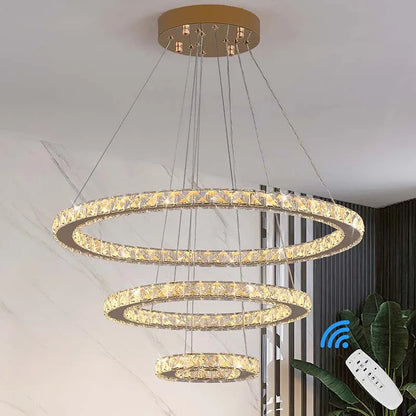 Modern LED Luxury Crystal Chandelier Villa Staircase Living Room Dimming Circular Gold Chandelier Home Lighting Indoor Light