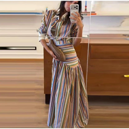 Elegant Colorful Stripe Shirt Skirt Set Women 2026 Puff Sleeve Lapel Shirts High Waist Long Skirts Autumn Lady All-matching Suit