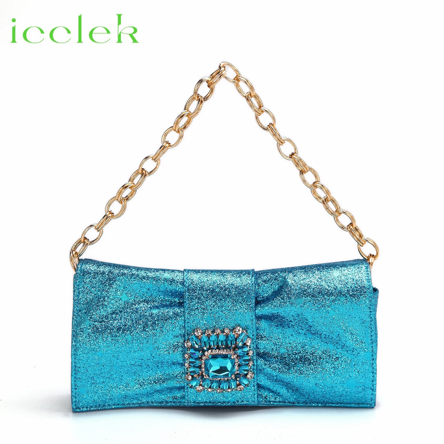 Women High Heels Sandals Shinning Material with Rhinestone Italian Design T.Blue Color Pointed Toe Shoes and Bags Set