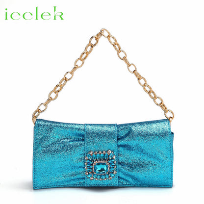 Women High Heels Sandals Shinning Material with Rhinestone Italian Design T.Blue Color Pointed Toe Shoes and Bags Set