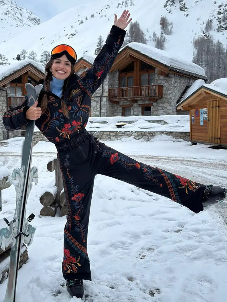 Women's Skiwear Printed With Belt Jumpsuits Winter Female Stand Collar Long Sleeve Zipper Slim Jumpsuit New Ladies Ski Sportwear