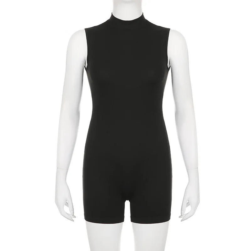 Turtleneck Bodycon Playsuit One-Pieces Shorts Sexy Rompers Womens Jumpsuit Black Combinaison Femme Zipper Ropa Mujer Sleeveless