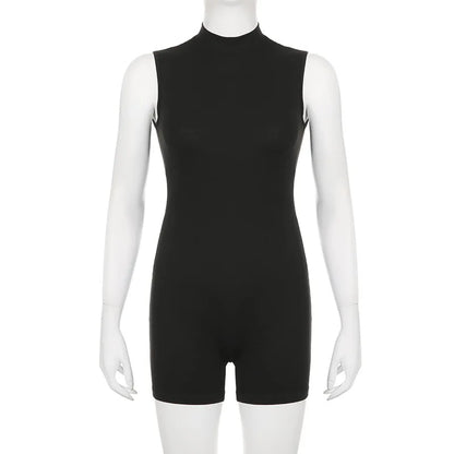 Turtleneck Bodycon Playsuit One-Pieces Shorts Sexy Rompers Womens Jumpsuit Black Combinaison Femme Zipper Ropa Mujer Sleeveless