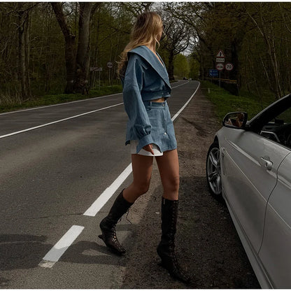 Street Lapel Cropped Coat Shorts Set Women's Solid Single Button Full Sleeve Jackets Ruffles Short Pants 2026 New Lady Outfits