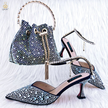 QSGFC Nigerian Popular Pointed Shoes And Bag Handle Soft Small Bag Anklet Design Mid-Heel Women's Shoes