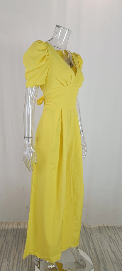 Summer Women's Slim Short Puff Sleeve V-neck Wide Leg Long Jumpsuit Elegant High Waist Ruched  Pocketed Solid color jumpsuits