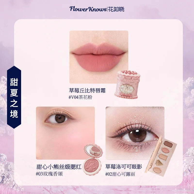 Flowerknows Complete Makeup Gift Set Long-Lasting Lip Glaze,Blush & Shimmer Eyeshadow Palette,All-in-One Beauty Kit Gift Box