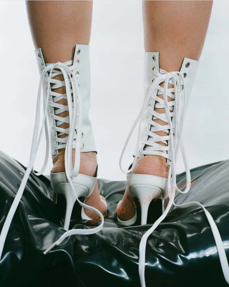 Lace-Up Round Toe White Thin Heels Fashion Concise Sexy Elegant Summer Party Dress Women Shoes Ankle High Women Lace Up Booties