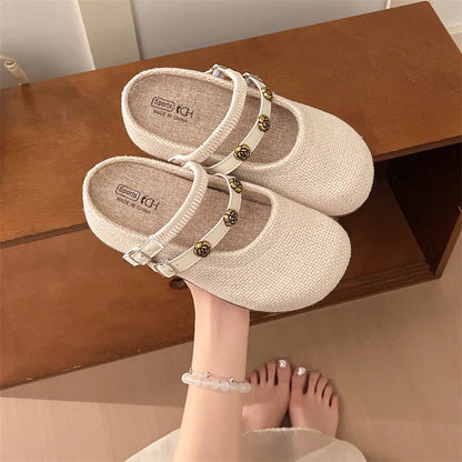 Women's Woven Mary Jane Mules Flat Round Toe Slip-On Shoes with Buckle Straps and Rose Hardware Casual Balletcore Summer Sandals