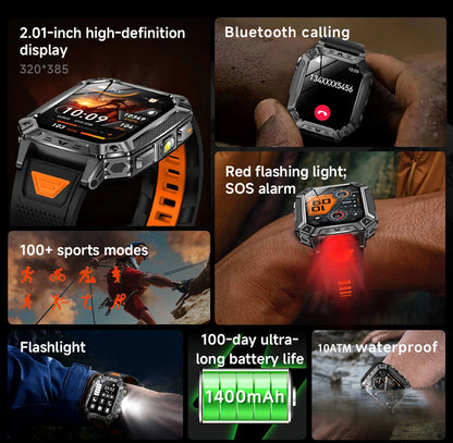 2026 New Military outdoor 1400mAh Battery SmartWatch Men Waterproof Call 2.01" HD AMOLED Sports Heart rate Flashlight Smart Band