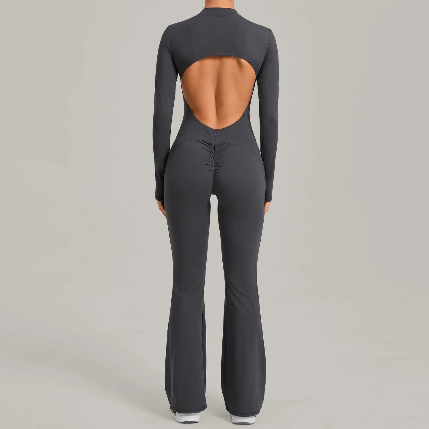 Women Long Sleeve Zip Yoga Bodysuit Cutout Back Scrunch Butt Lift Tummy Control Sweat Wicking Fabric Gym Workout Flare Jumpsuit