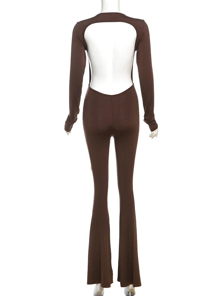 SIsterlinda Solid Sexy Backless Bodycon Wide Leg Jumpsuit Women Autumn Casual Slim Long Sleeve O-Neck Playsuit Lady Streetwear