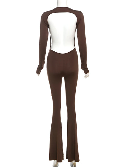 SIsterlinda Solid Sexy Backless Bodycon Wide Leg Jumpsuit Women Autumn Casual Slim Long Sleeve O-Neck Playsuit Lady Streetwear