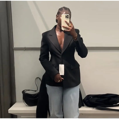 Elegant Shoulder Pad Slim Suit Jackets Women Solid Lapel Long Sleeved Jacket Female 2025 Spring Chic Daily Style Outwears Tops