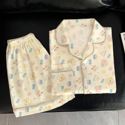 Women's Pajamas Sweet Cute Print Casual Pajama Set Short Sleeve Button Lapel Top & Pants Comfortable Relaxed Summer Nightwear