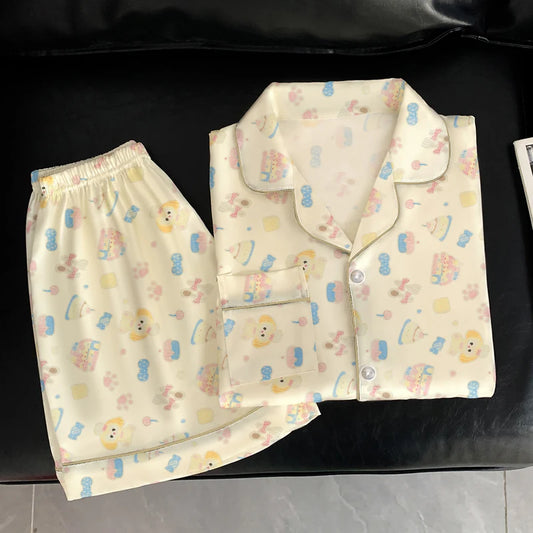 Women's Pajamas Sweet Cute Print Casual Pajama Set Short Sleeve Button Lapel Top & Pants Comfortable Relaxed Summer Nightwear