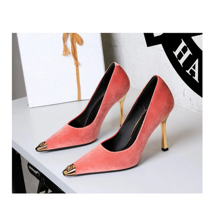 Women Peach Pink Velvet Metal Capped Pointed Toe Pumps Gold Trapezoid Thin High Heels Gentle Retro Luxury Date Banquet Ladies