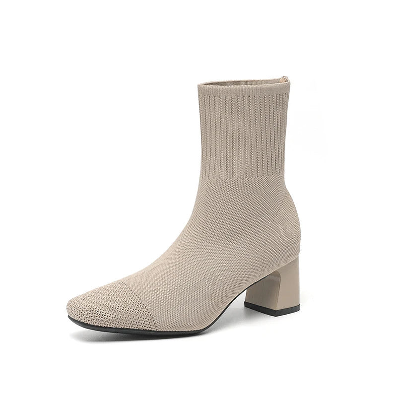 Black Square Toe Knit Sock Boots Elastic Slim Thick Block Heel High Heels Short Boots Fashion Autumn Casual Skinny Ankle Boots